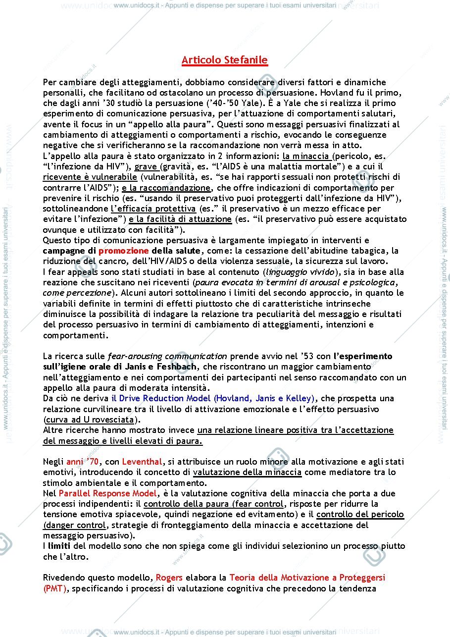 Anteprima pagina 1 — Riassunto Teorie Persuasione (Focus On) Articolo Stefanile 