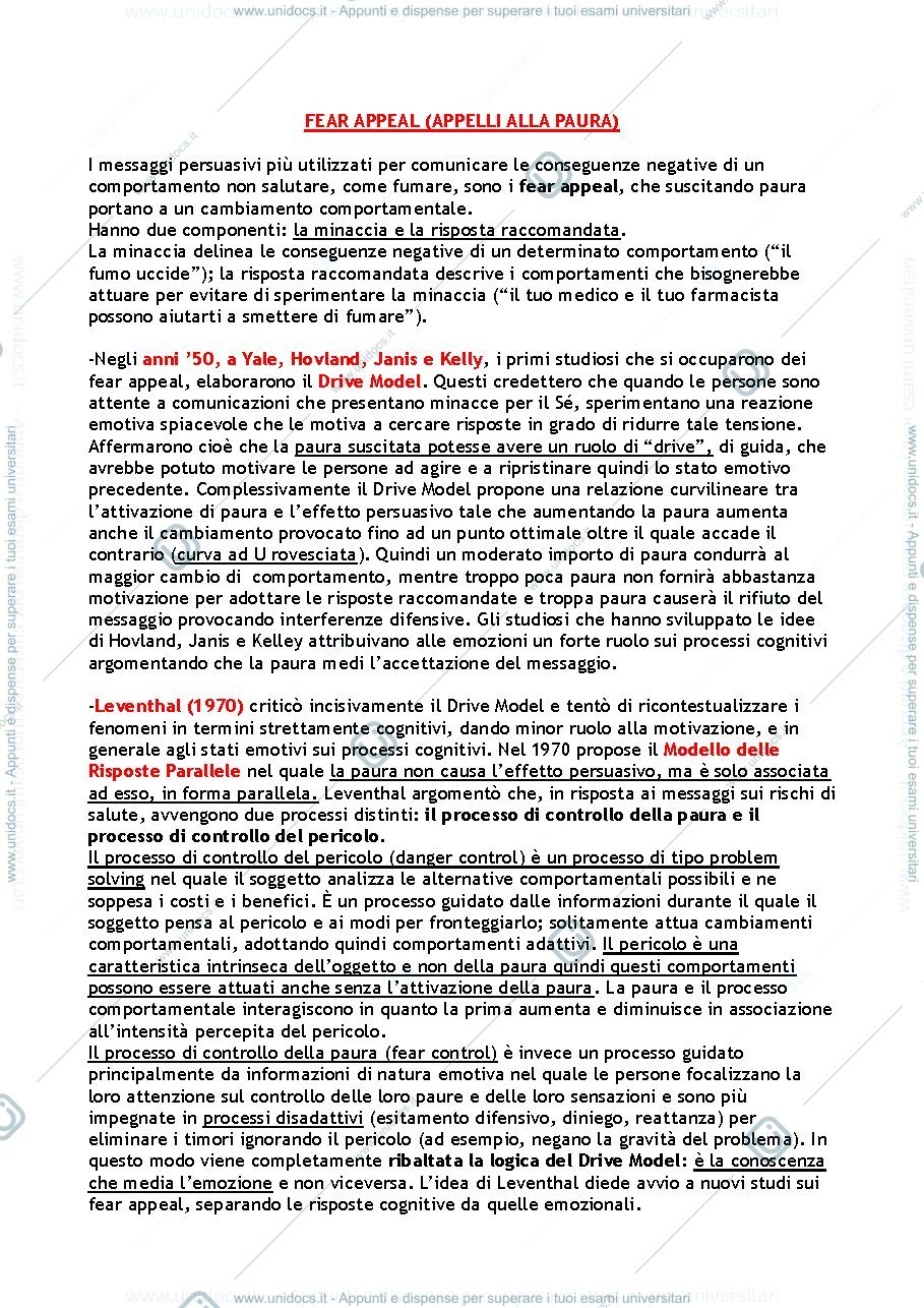Anteprima pagina 1 — Riassunto "Fear Appeals in psicologia della salute"