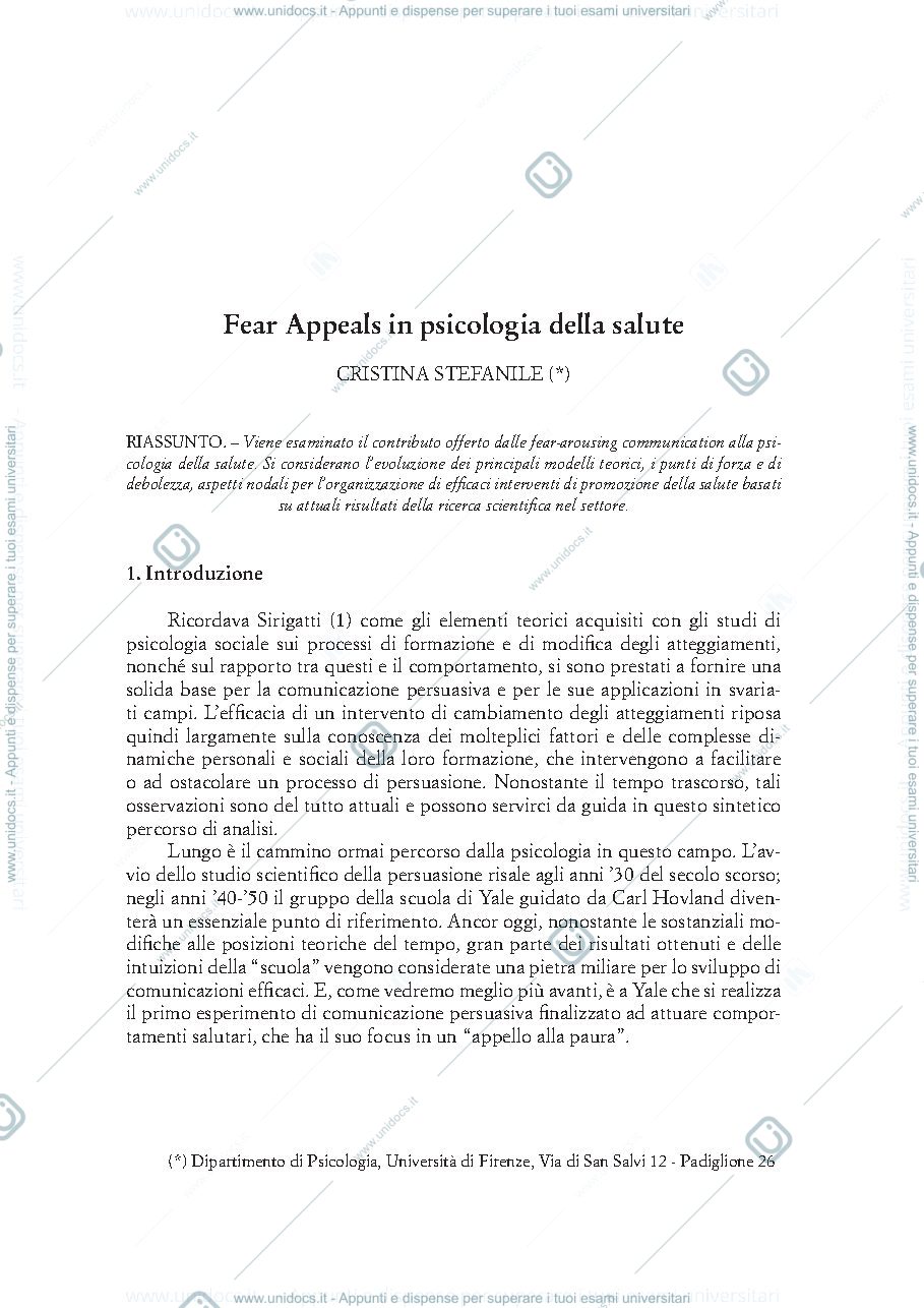 Anteprima pagina 1 — "Fear Appeals in psicologia della salute" (Stefanile)