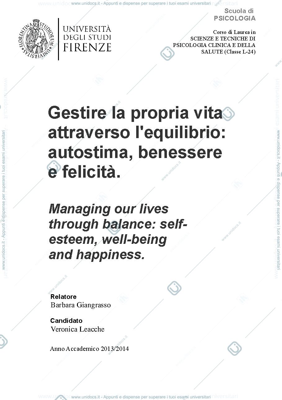 Anteprima pagina 1 — Tesi triennale "Gestire la propria vita attraverso l'equilibrio-autostima, benessere e felicità"