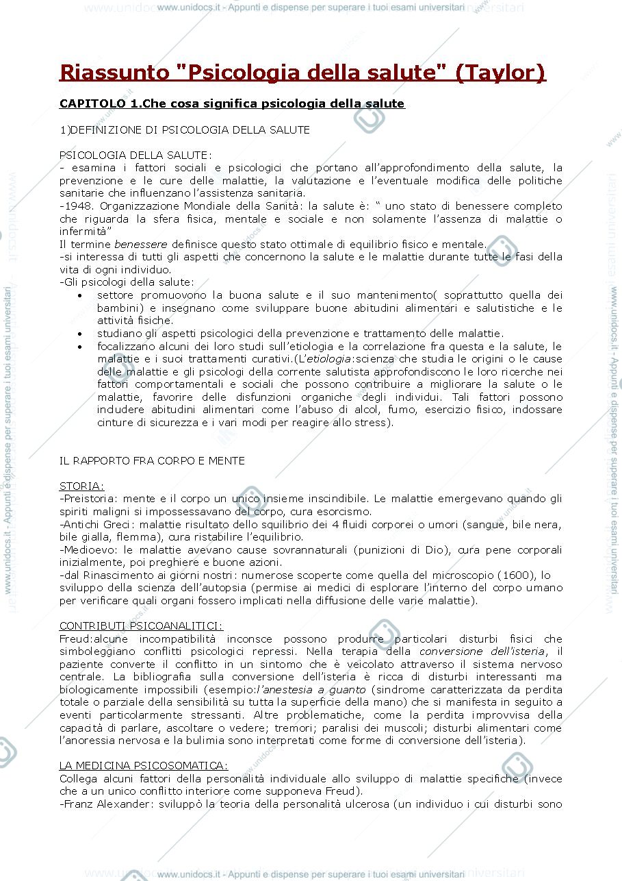 Anteprima pagina 1 — Riassunto "Health Psychology" (Taylor)