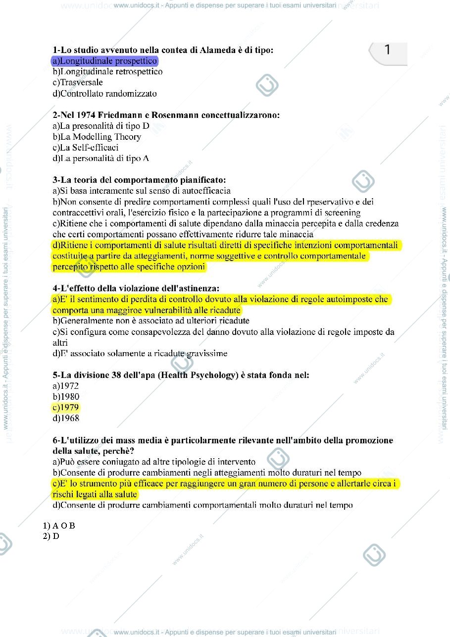 Anteprima pagina 1 — Domande esame Psicologia della Salute