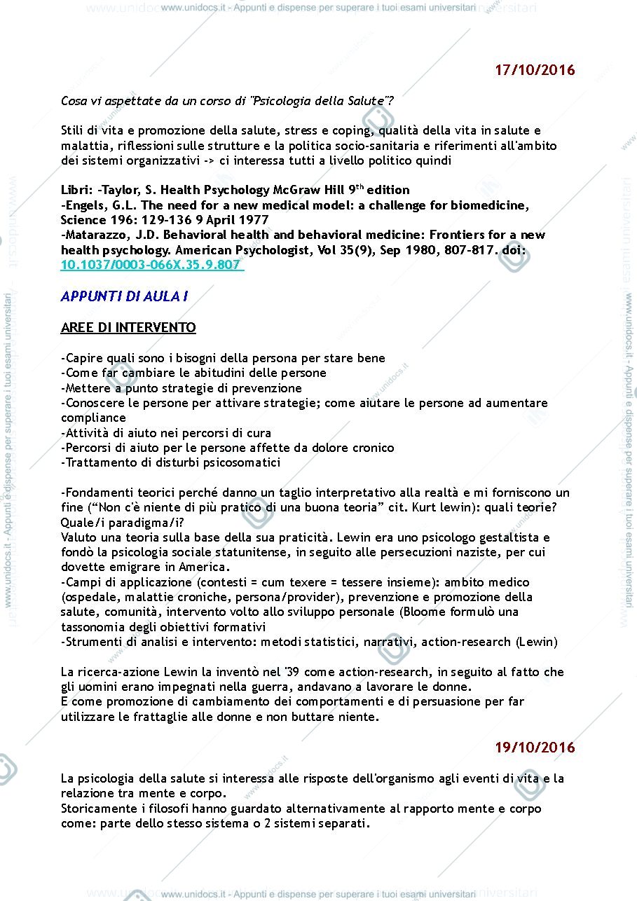 Anteprima pagina 1 — Appunti lezioni per esame Psicologia della Salute 