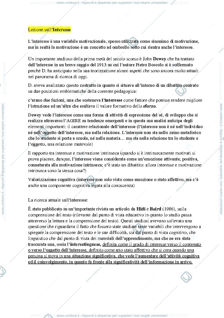 Anteprima pagina 1 — Appunti sull'interesse in psicologia dell'apprendimento motivato