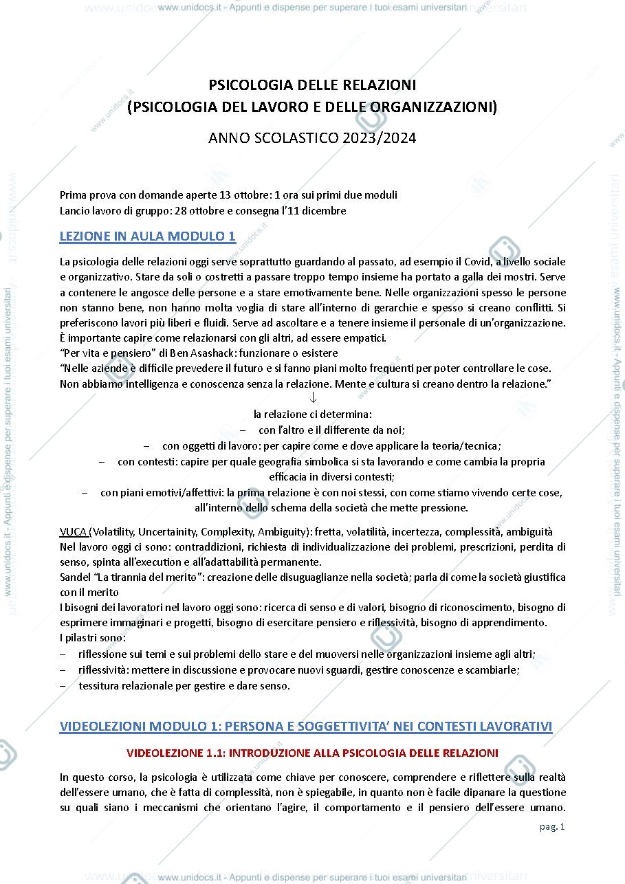 Anteprima pagina 1 — Appunti di Psicologia delle Relazioni