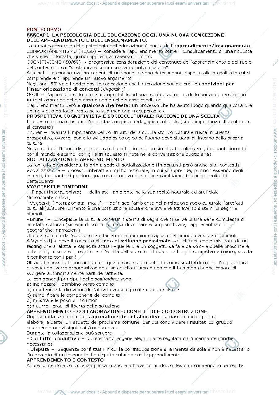 Anteprima pagina 1 — Riassunto "Manuale di Psicologia dell'Educazione" (Pontecorvo)