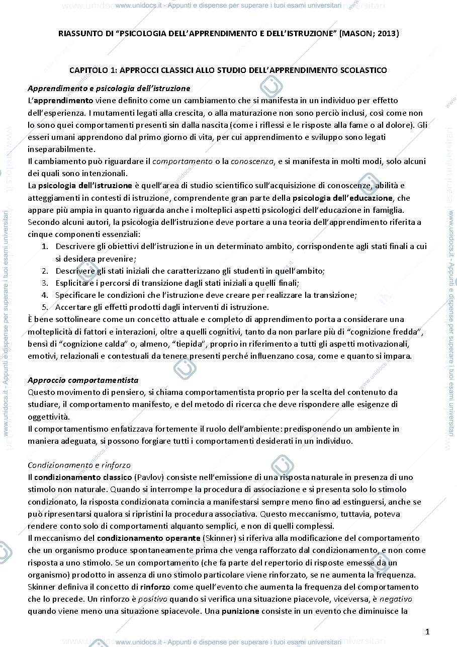 Anteprima pagina 1 — Riassunto del manuale "Psicologia dell'educazione e dell'apprendimento", Mason.