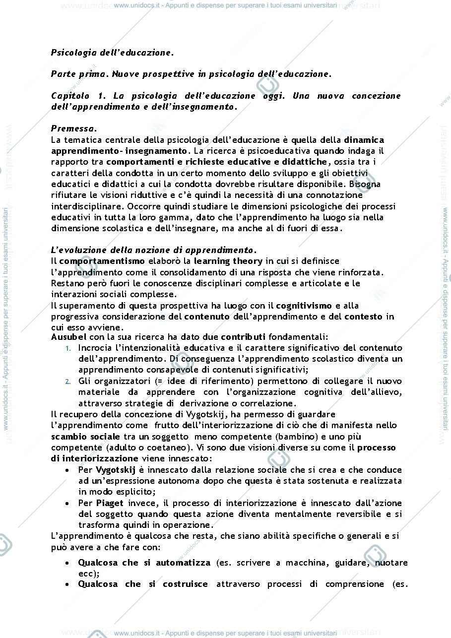 Anteprima pagina 1 — Riassunto "Manuale di Psicologia dell'Educazione"