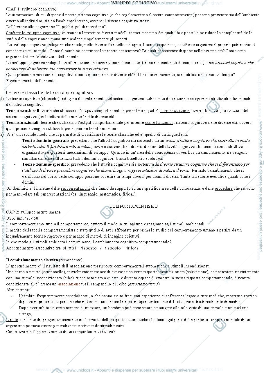 Anteprima pagina 1 — Psicologia dello sviluppo: Sviluppo Cognitivo