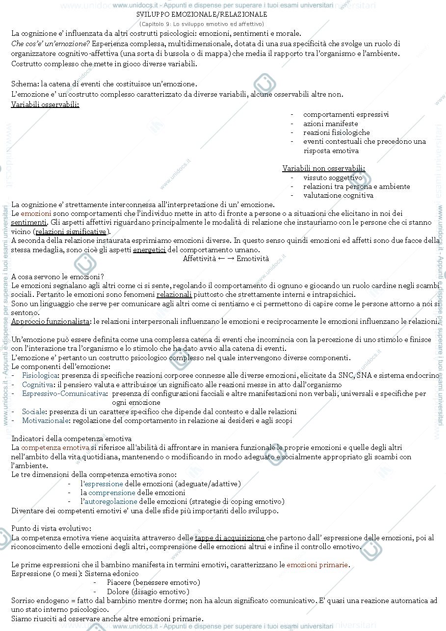 Anteprima pagina 1 — PSICOLOGIA DELLO SVILUPPO: Riassunto sviluppo emotivo e sociale