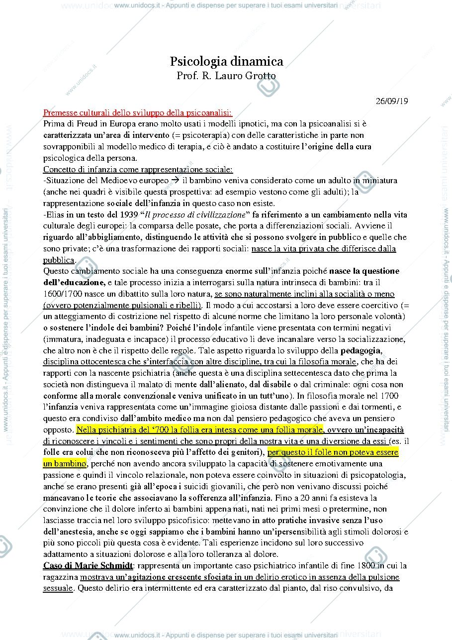 Anteprima pagina 1 — Appunti psicologia dinamica prof. Lauro Grotto