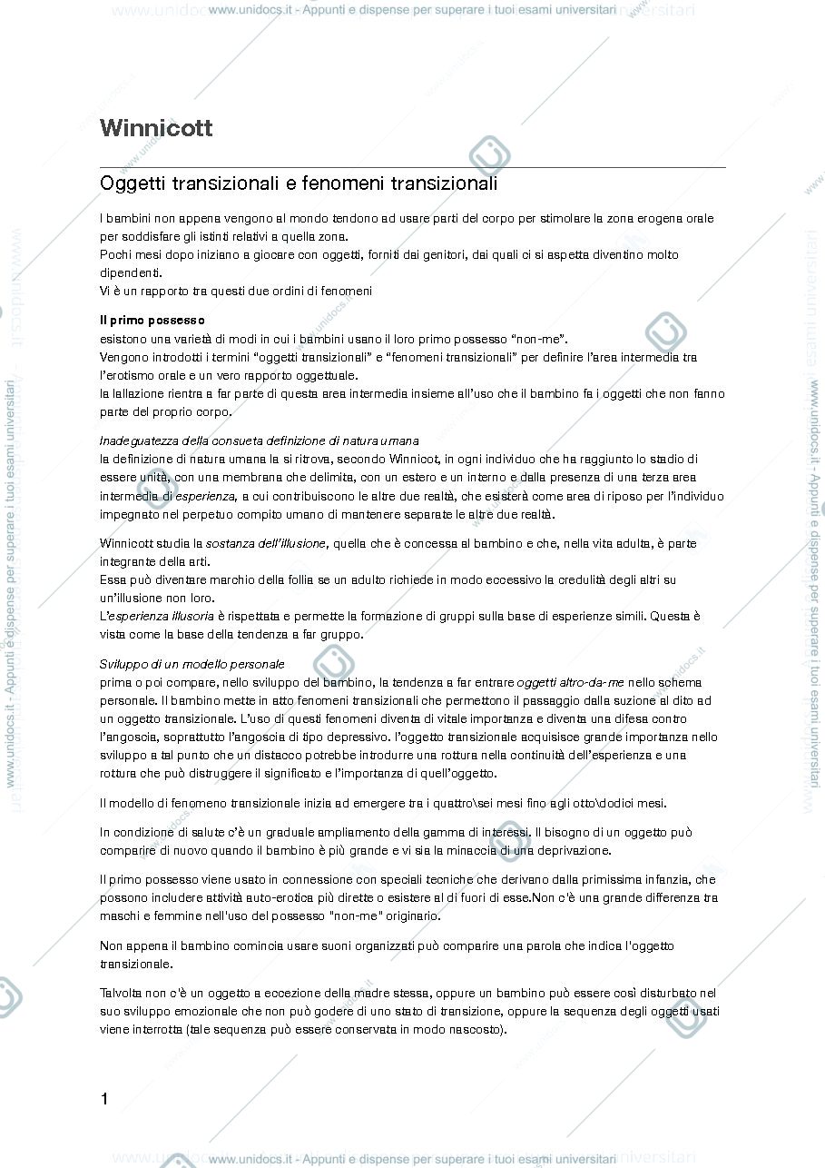 Anteprima pagina 1 — Riassunti dispensa Winnicott