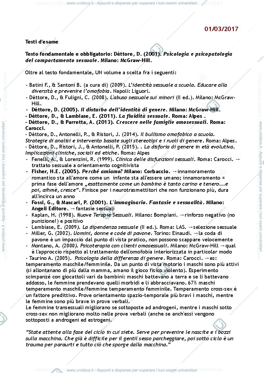Anteprima pagina 1 — Appunti lezioni per esame Psicologia e Psicopatologia del Comportamento Sessuale