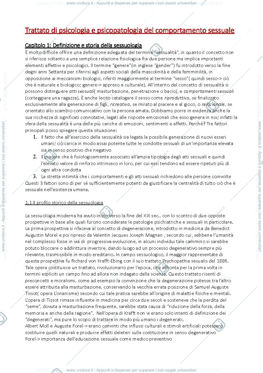 Anteprima pagina 1 — Riassunto "Trattato di Psicologia e Psicopatologia del Comportamento Sessuale"