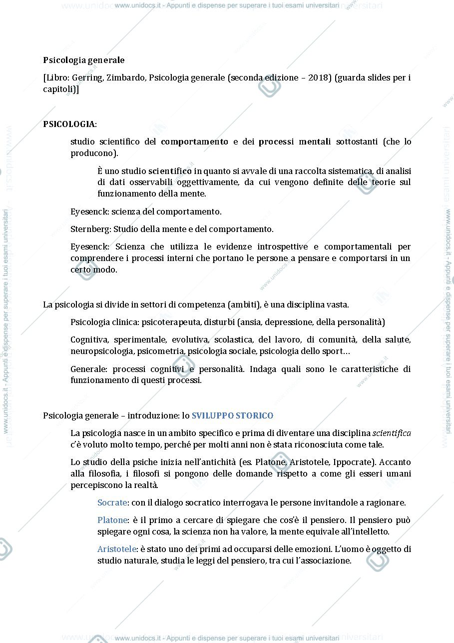 Anteprima pagina 1 — Sviluppo storico della psicologia; metodi della psicologia