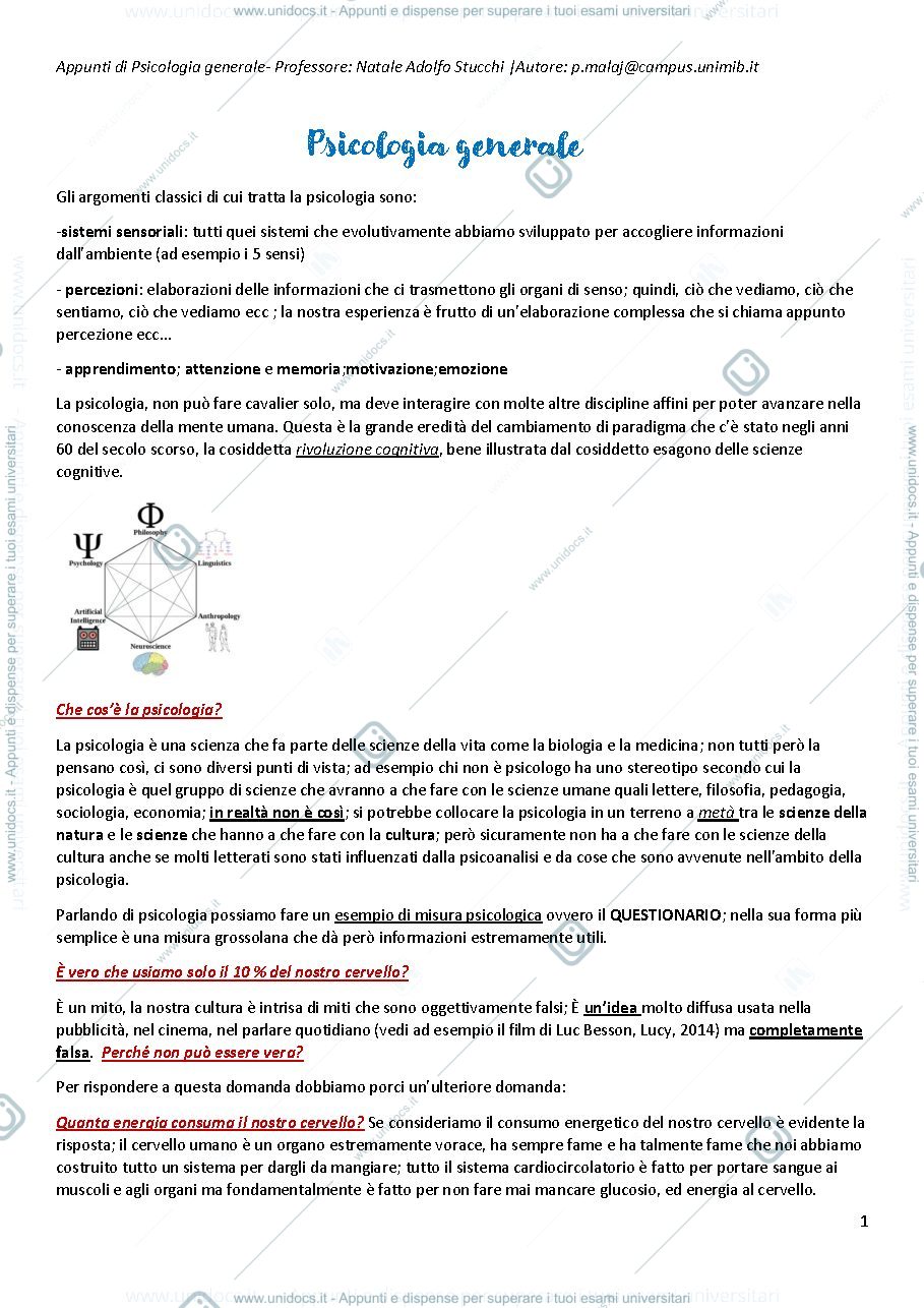 Anteprima pagina 1 — Appunti psicologia generale 