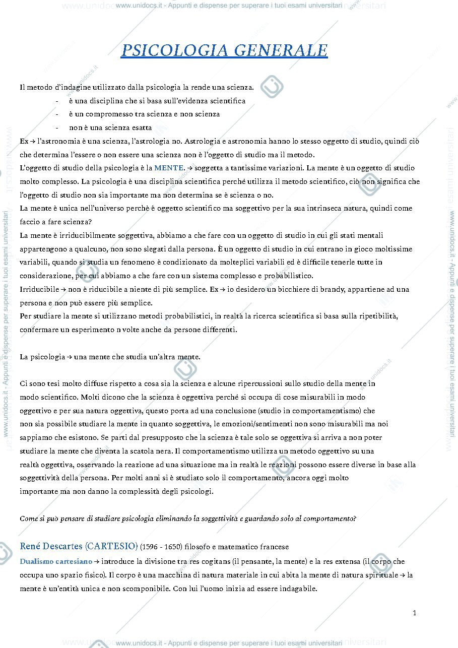 Anteprima pagina 1 — Psicologia generale appunti completi