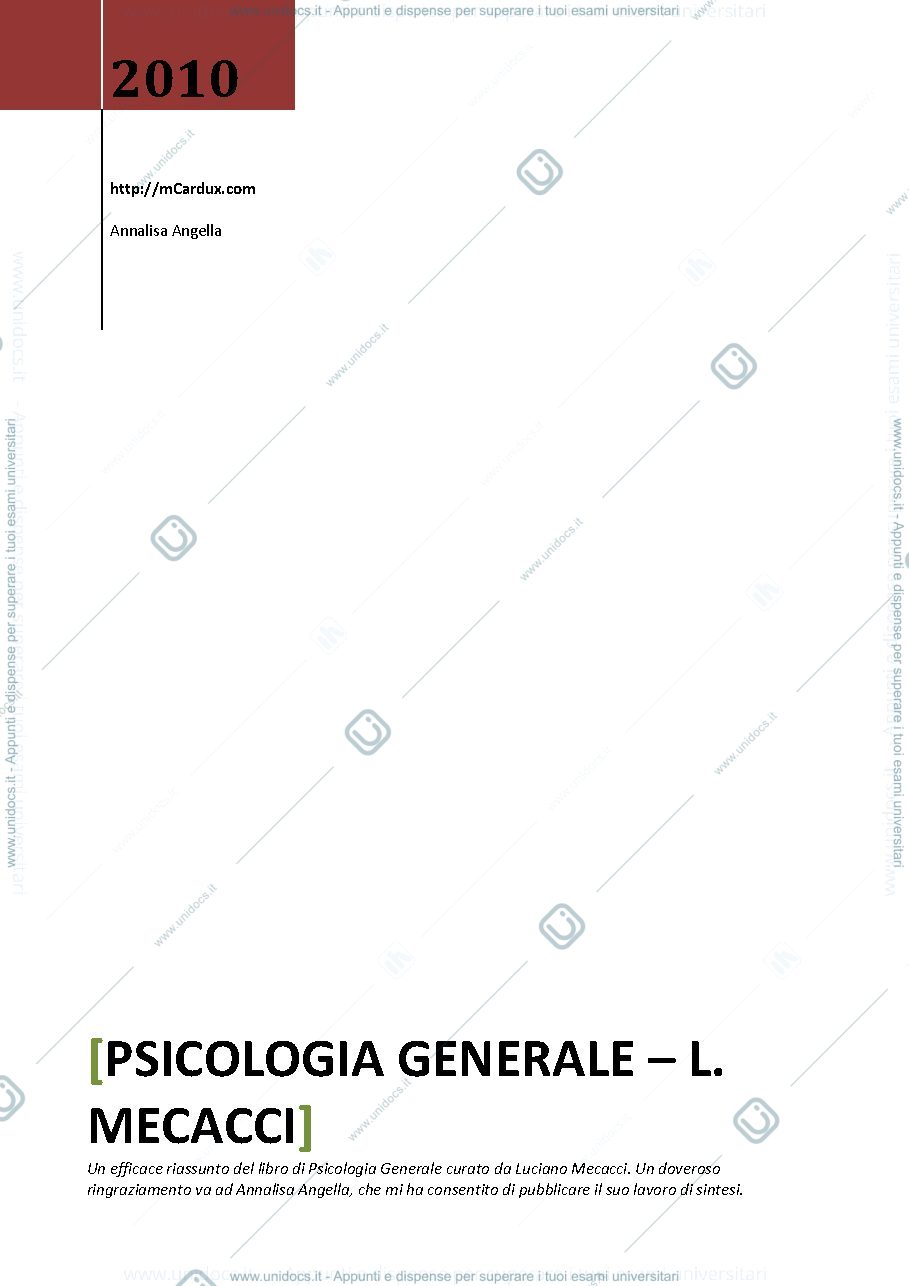 Anteprima pagina 1 — Riassunto "Manuale di Psicologia Generale"