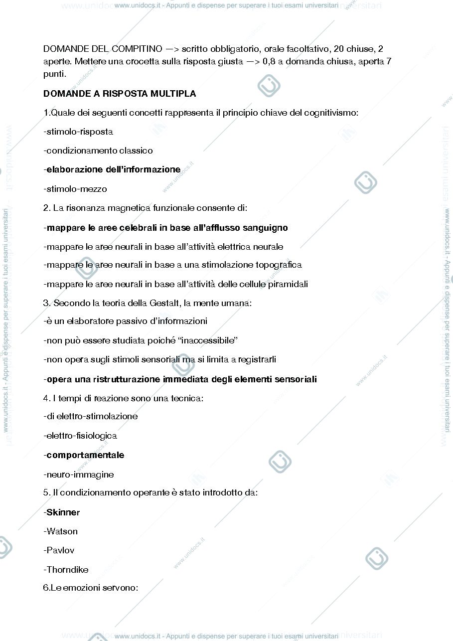 Anteprima pagina 1 — Domande possibili all'esame di Psicologia Generale