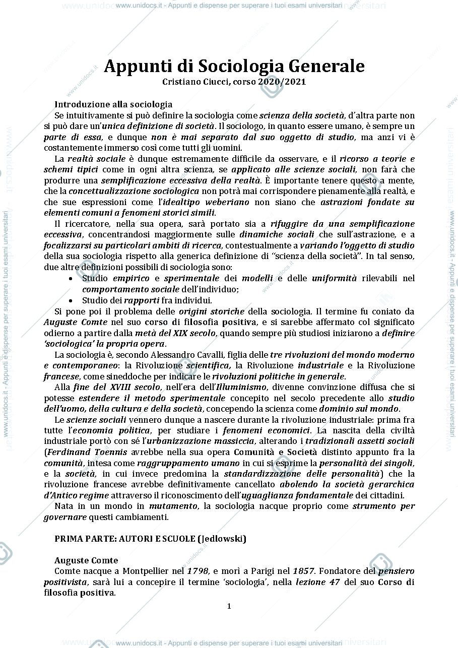 Anteprima pagina 1 — Appunti sociologia generale