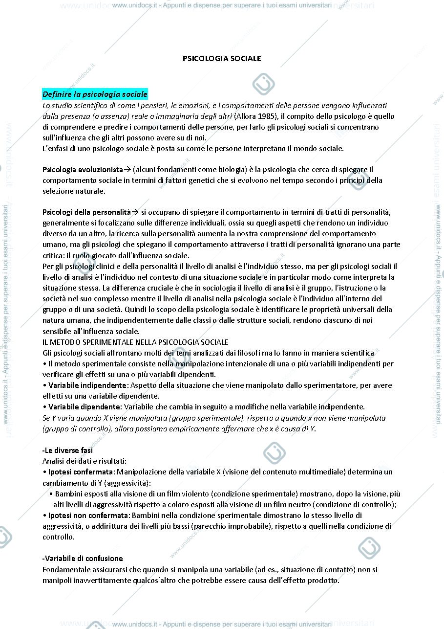 Anteprima pagina 1 — Psicologia sociale - riassunto libro