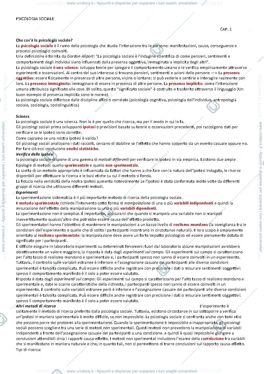 Anteprima pagina 1 — Riassunti libro psicologia sociale 