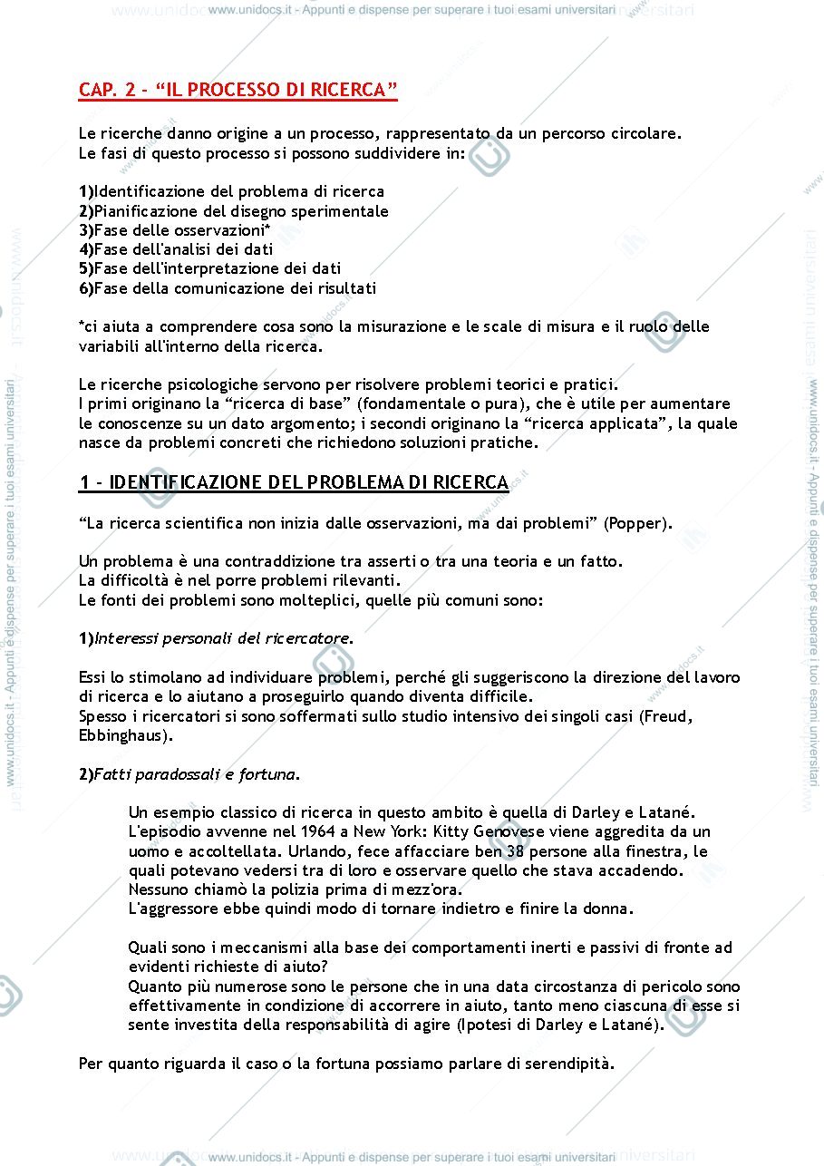 Anteprima pagina 1 — Riassunto "Metodologia della Ricerca Psicologica" cap.2-3-4