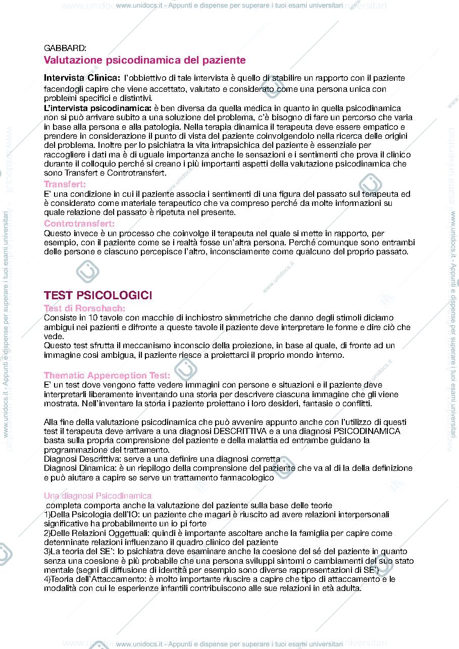 Anteprima pagina 1 — Riassunto libro Gabbard "Psichiatria psicodinamica"