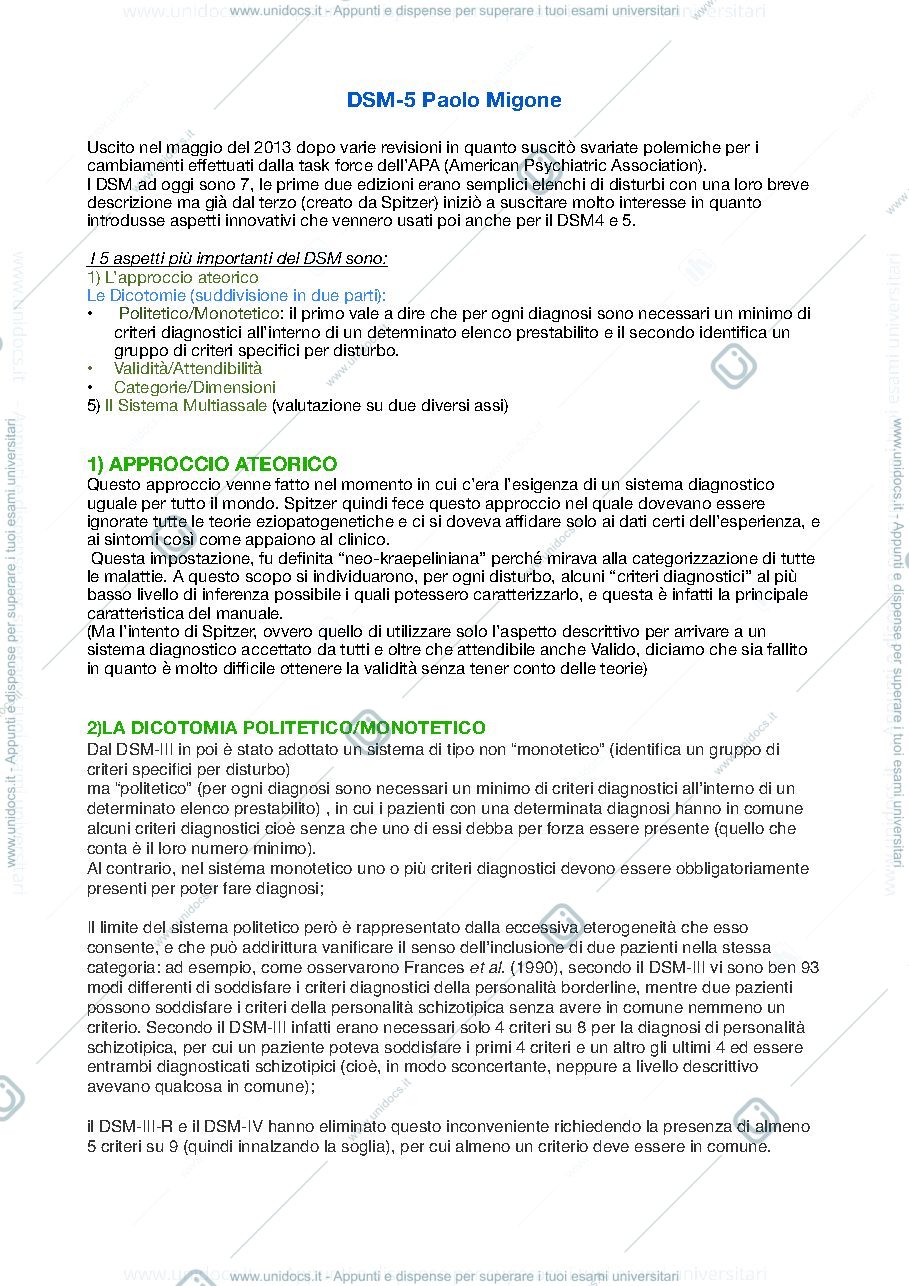 Anteprima pagina 1 — Riassunto libro Paolo Migone "DSM-5"