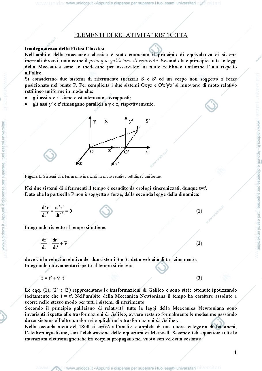 Anteprima pagina 1 — Cenni di Meccanica relativistica
