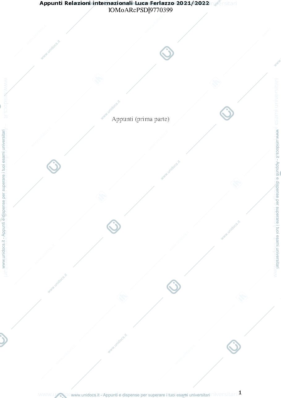 Anteprima pagina 1 — Appunti relazioni internazionali 