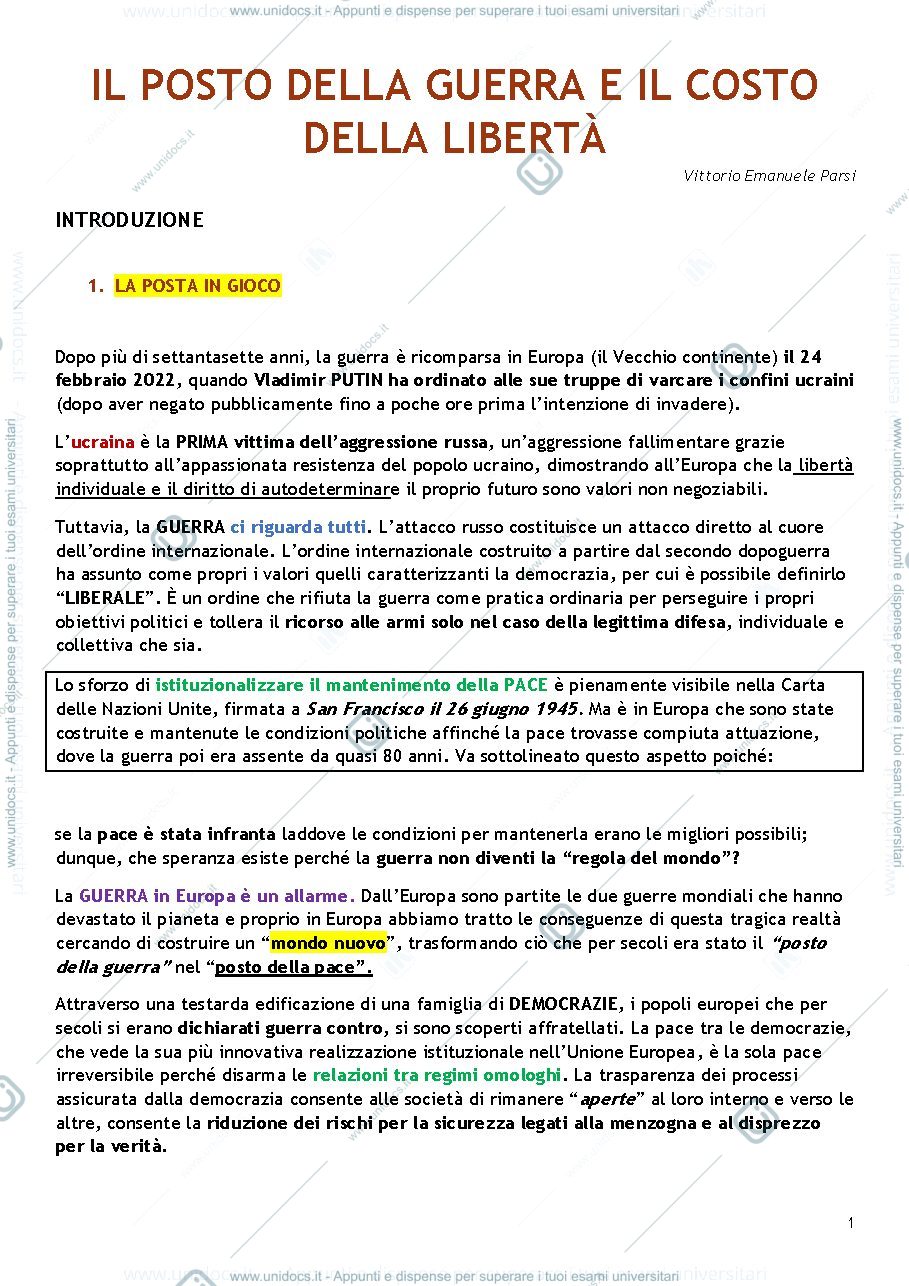 Anteprima pagina 1 — Riassunto libro il posto della guerra Parsi