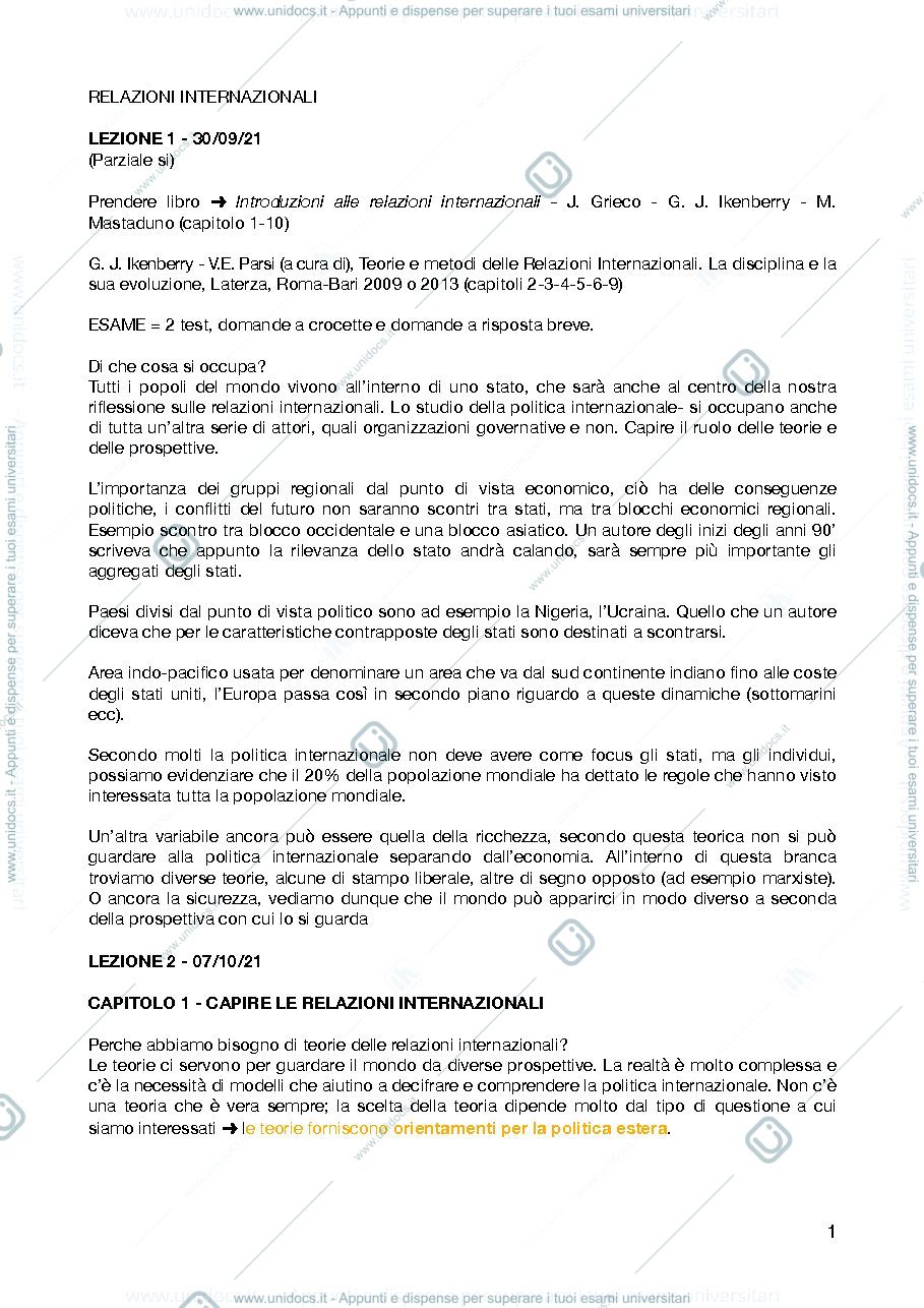 Anteprima pagina 1 — appunti primo semestre relazioni internazionali