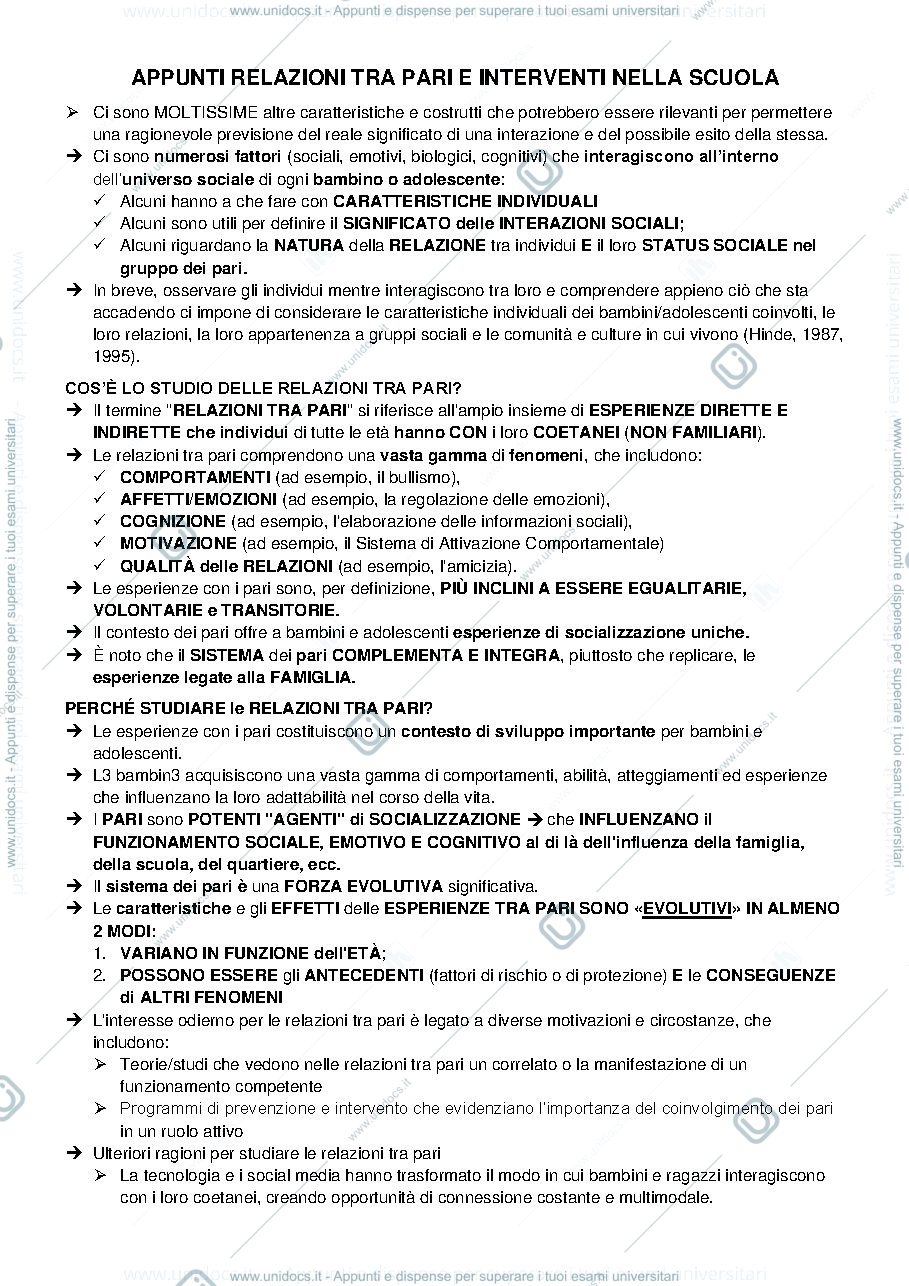 Anteprima pagina 1 — Appunti delle lezioni di Relazioni tra pari e interventi nella scuola