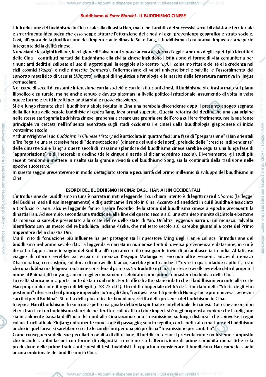 Anteprima pagina 1 — Riassunto Il Buddhismo Cinese (Fili di Seta)