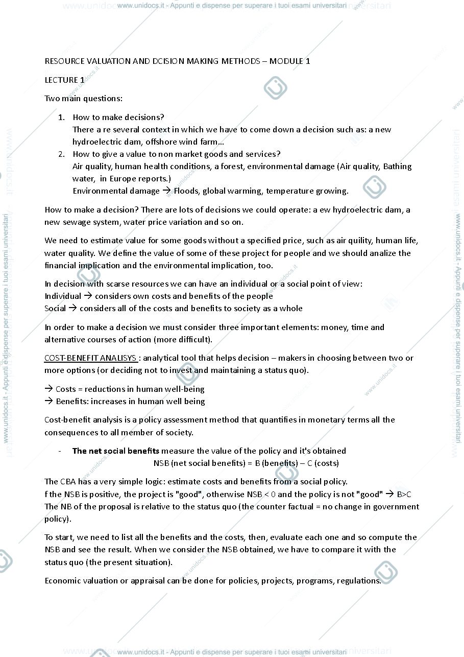 Anteprima pagina 1 — Resource valuation and decision making methods - modulo 1
