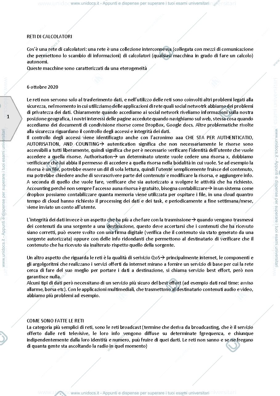 Anteprima pagina 1 — RETI DI CALCOLATORI