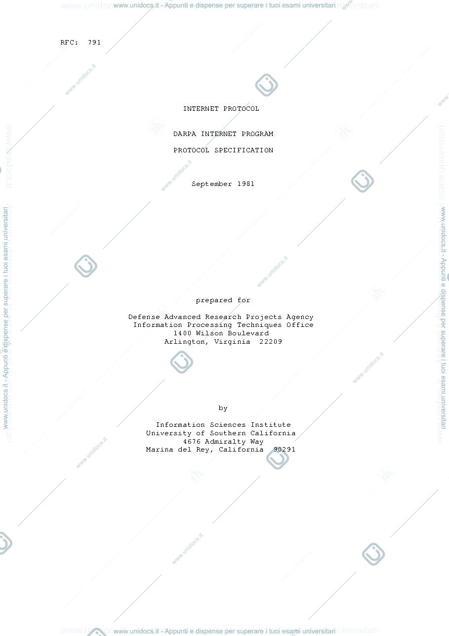 Anteprima pagina 1 —    INTERNET PROTOCOL rfc791 prof: Tornatore Massimo