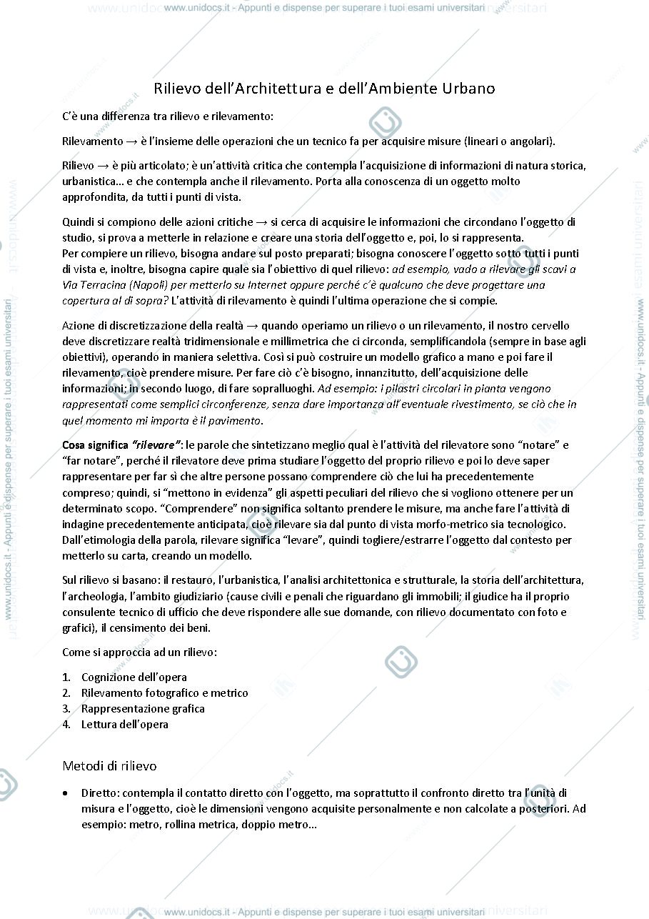Anteprima pagina 1 — Rilievo dell'architettura e dell'ambiente urbano - Appunti ed esercitazioni
