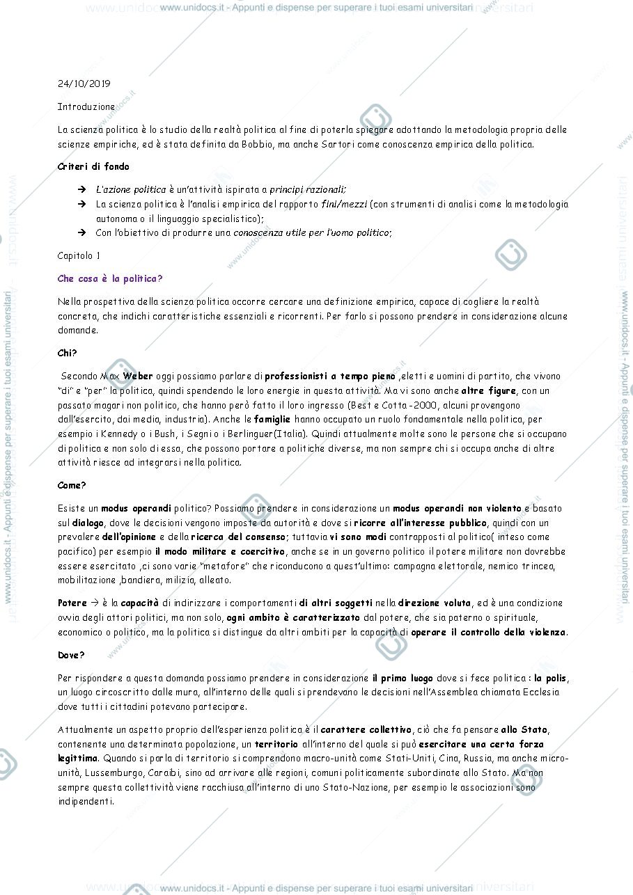Anteprima pagina 1 — Appunti lezioni scienza politica 