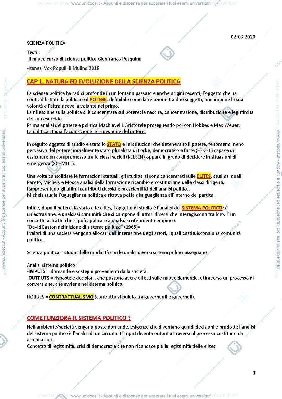 Anteprima pagina 1 — Riassunto di scienza politica