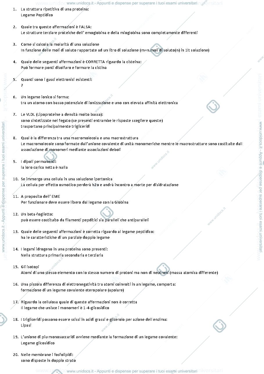 Anteprima pagina 1 — Raccolta Domande d' esame Biochimica