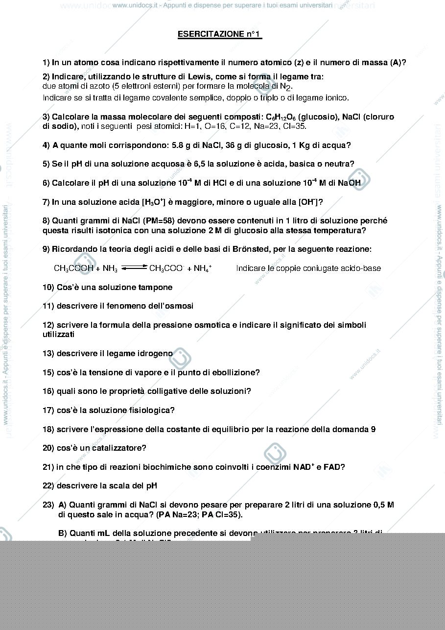 Anteprima pagina 1 — esercitazioni prima parte di programma del corso di biochimica, modulo scienze di base
