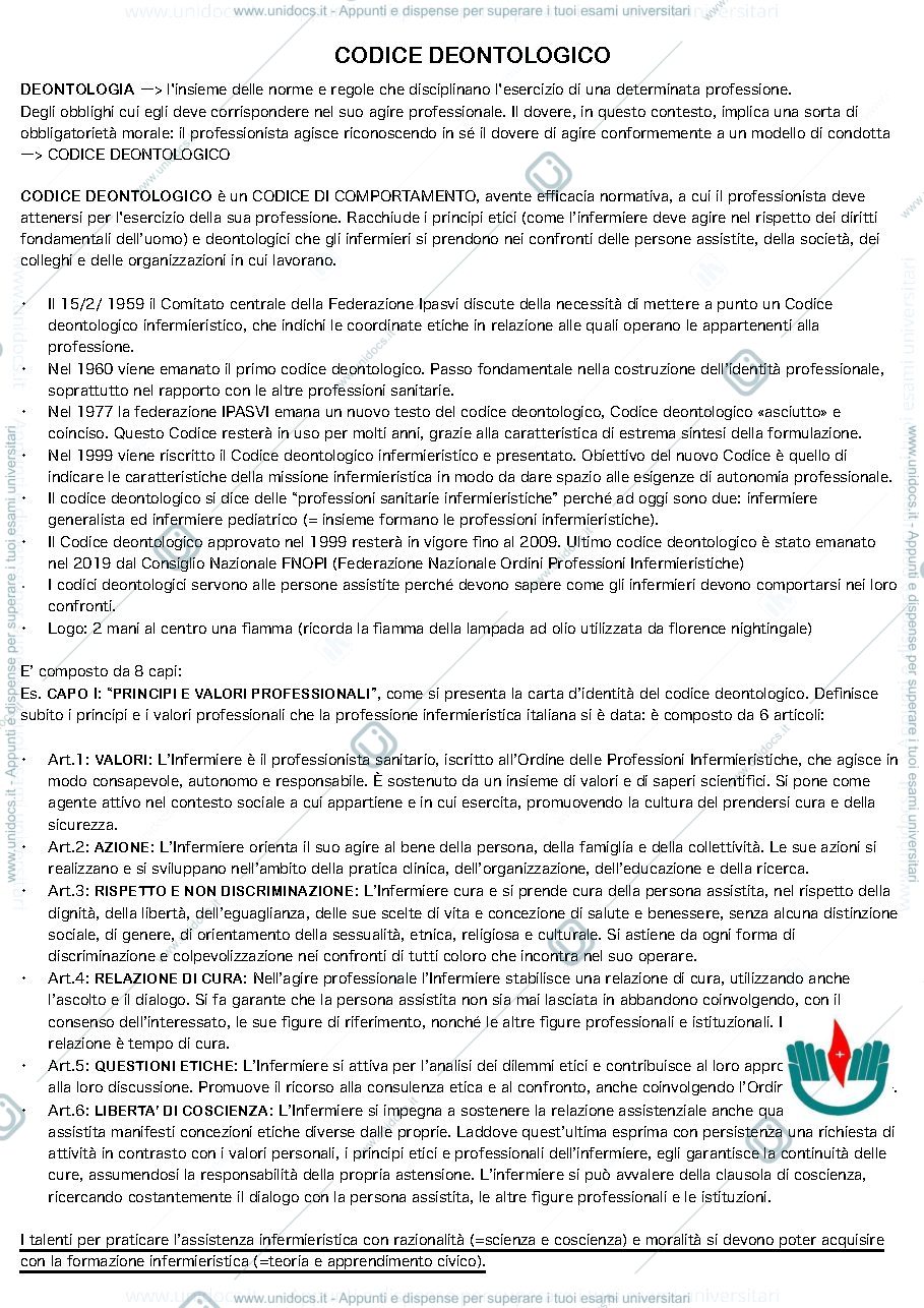 Anteprima pagina 1 — Appunti scienze infermieristiche generali (compreso deontologia)