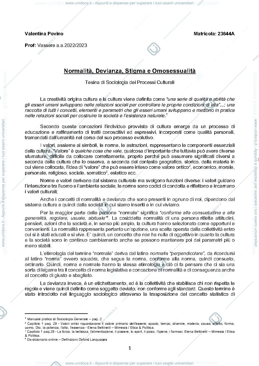 Anteprima pagina 1 — Normalità, devianza,stigma e Omosessualità 
