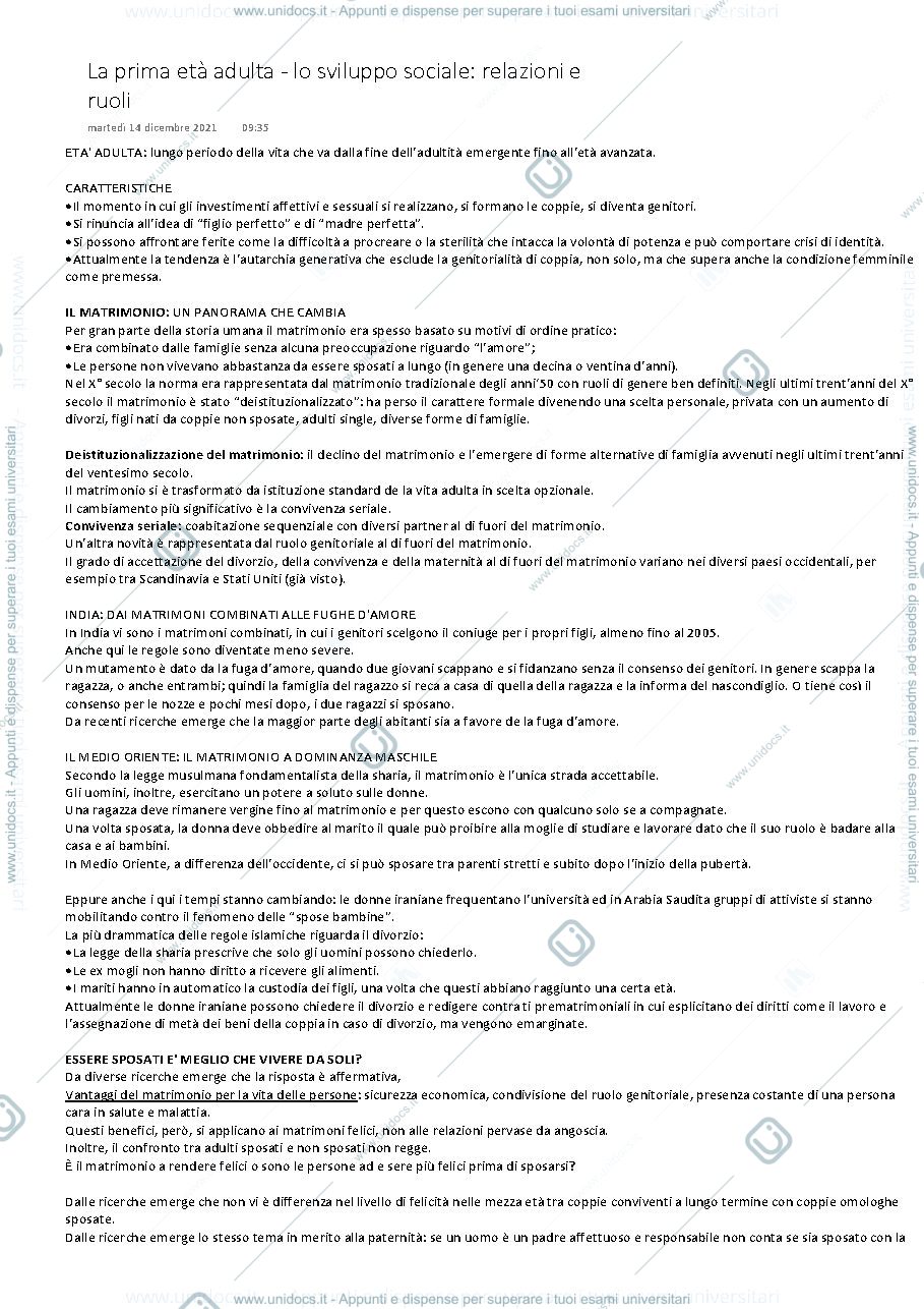 Anteprima pagina 1 — La prima età adulta - lo sviluppo sociale: relazioni e ruoli