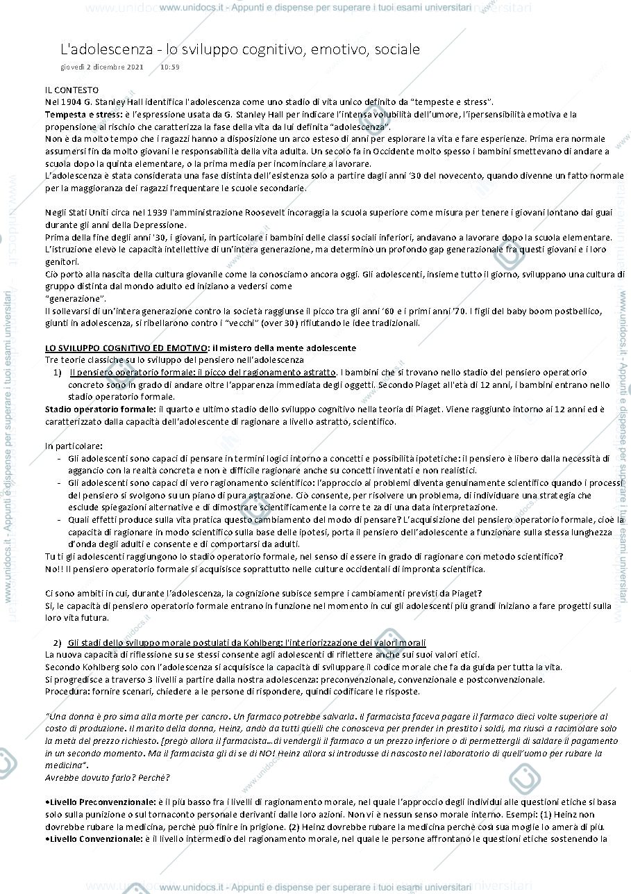 Anteprima pagina 1 — Sviluppo cognitivo, emotivo e sociale dell'adolescenza 