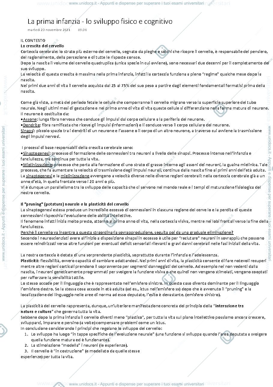 Anteprima pagina 1 — Sviluppo fisico e cognitivo nella prima infanzia