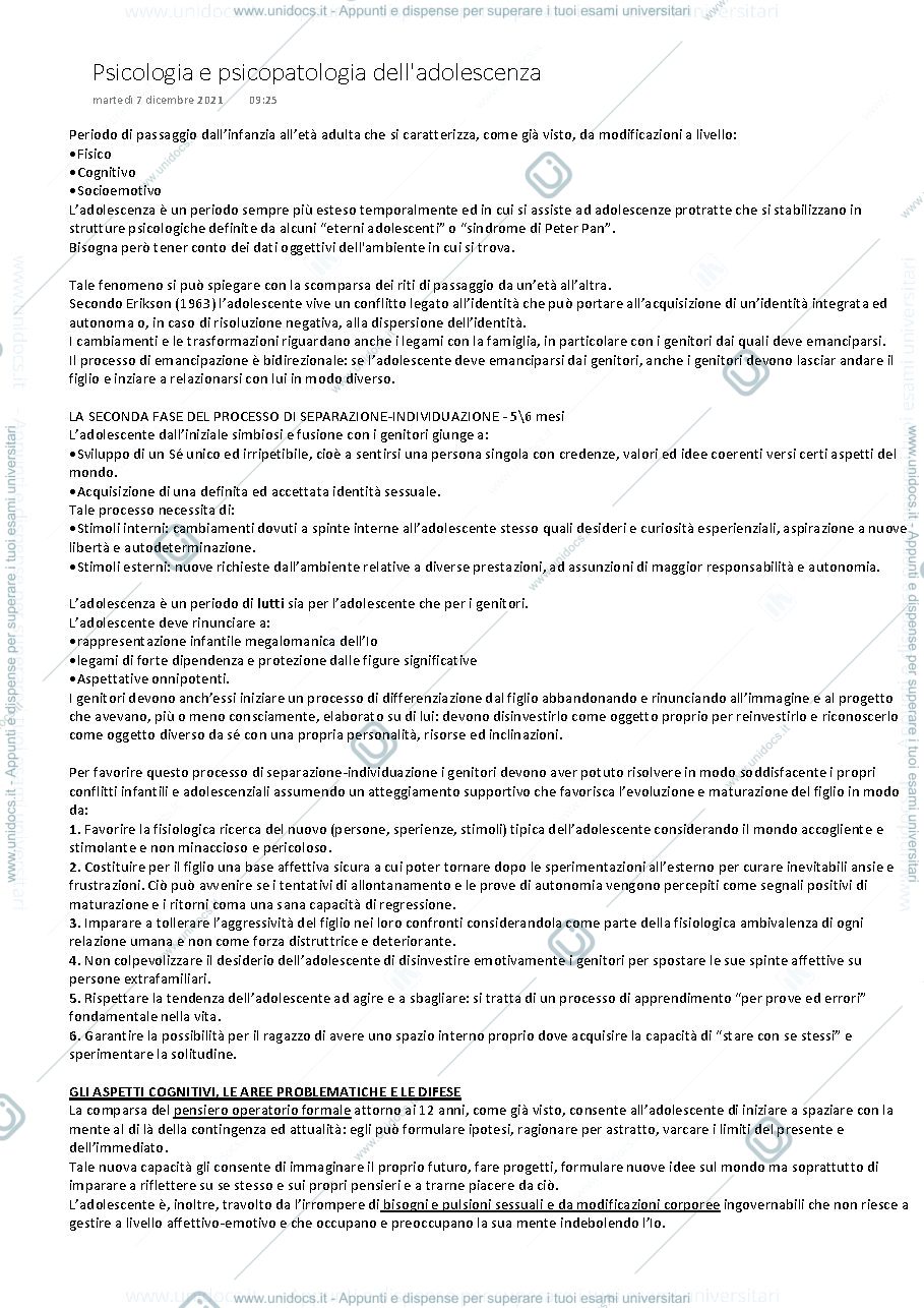 Anteprima pagina 1 — Psicopatologia dell'adolescenza