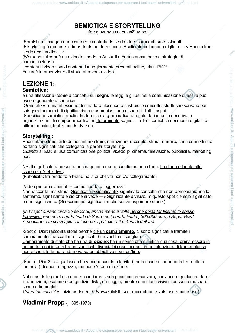 Anteprima pagina 1 — SEMIOTICA E STORYTELLING - appunti